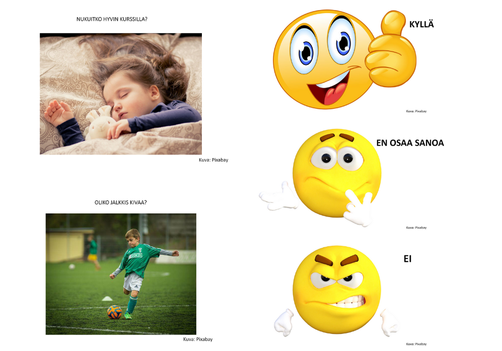 Nukkuva pikkutyttö, jalkapalloa pelaava pikkupoika ja kolme eri tunnetilaa kuvaavaa hymiötä.