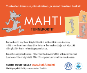 Mainos Kehitysvammaisten Tukiliiton MAHTI-tunnekorteista.