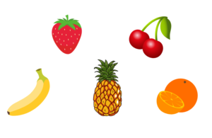 Piirroskuvassa mansikka, kirsikka, banaani, ananas ja appelsiini.