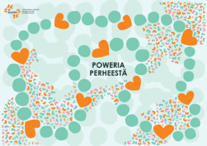 Poweria perheestä -lautapelin pelialusta, jossa edetään vihreiden ympyröiden ja oranssien sydänten kuvaamalla polulla.